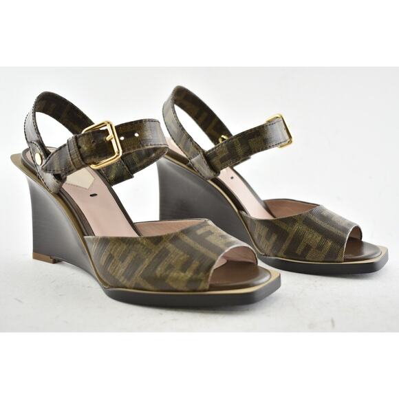 Fendi Dark Brown FF Motif Logo Ankle Strap Sandal Peep Toe Heel Pump Wedge 36.5 - Picture 2 of 11